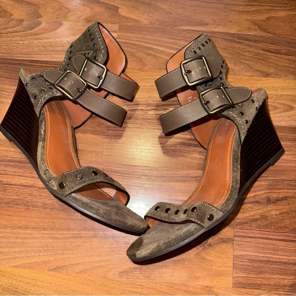 Coach Olive Green Suede Wedge Sandals with Brown Accents